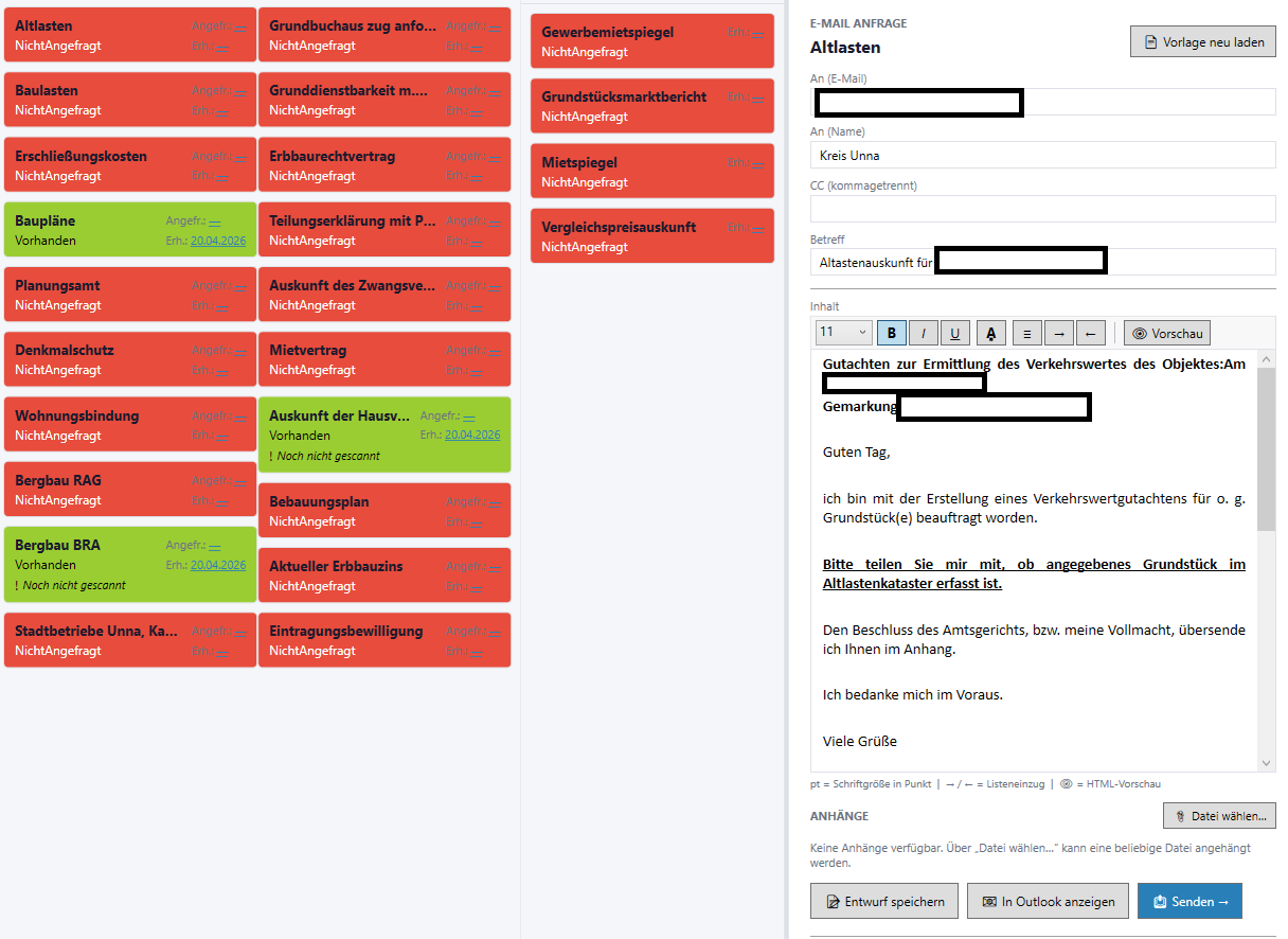 Auskünfte je Stadt und automatisierte E-Mail-Anfrage