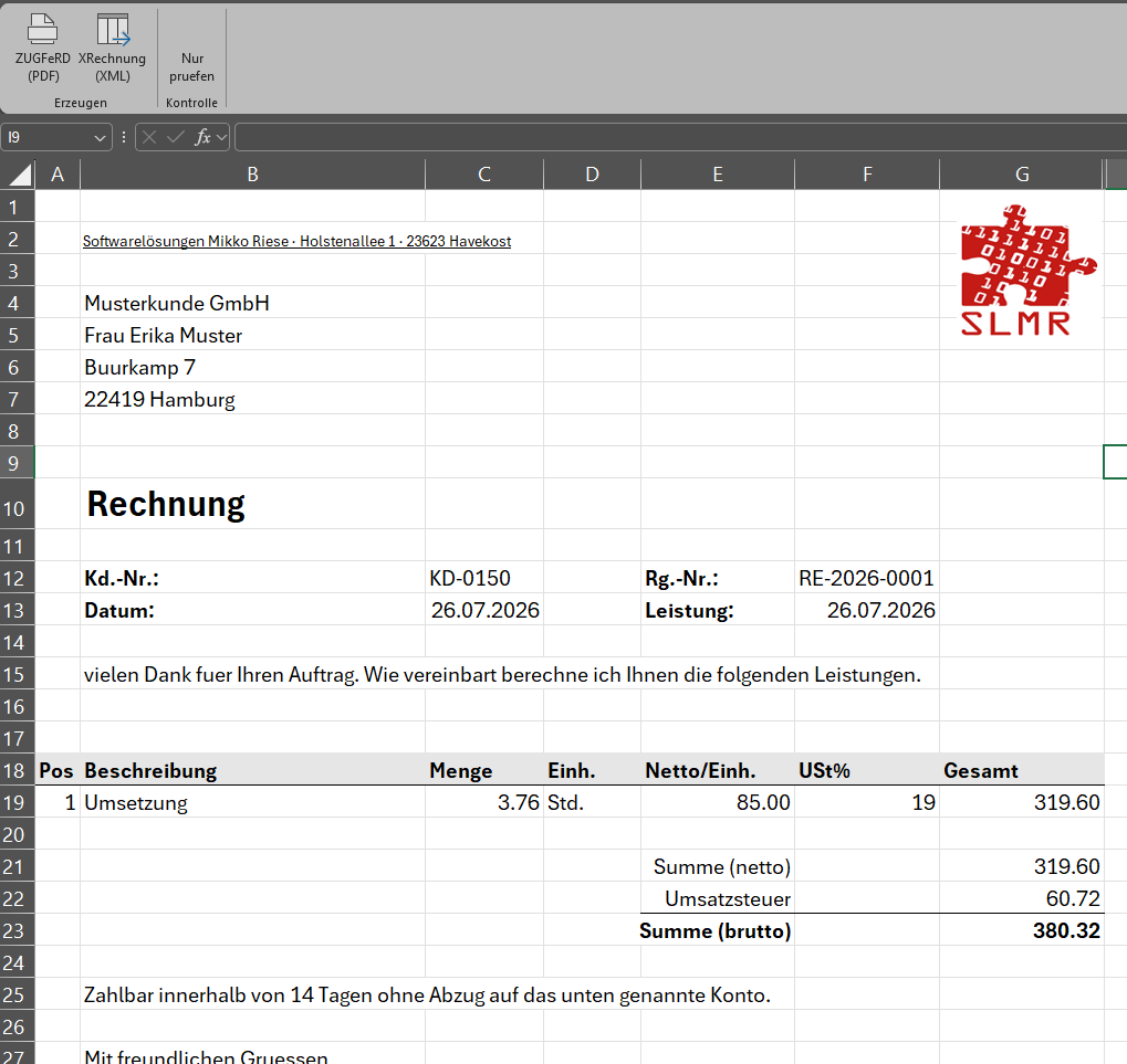 Rechnungsblatt in Excel