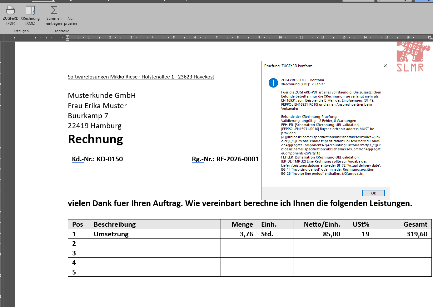 Prüfergebnis mit Klartext-Meldungen