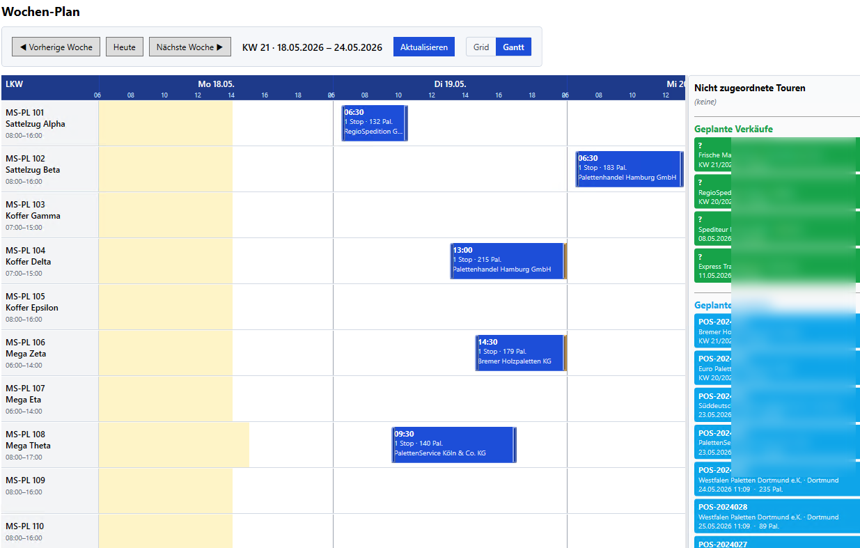 Wochen-Plan als Gantt-Ansicht mit Fahrzeugen und Touren