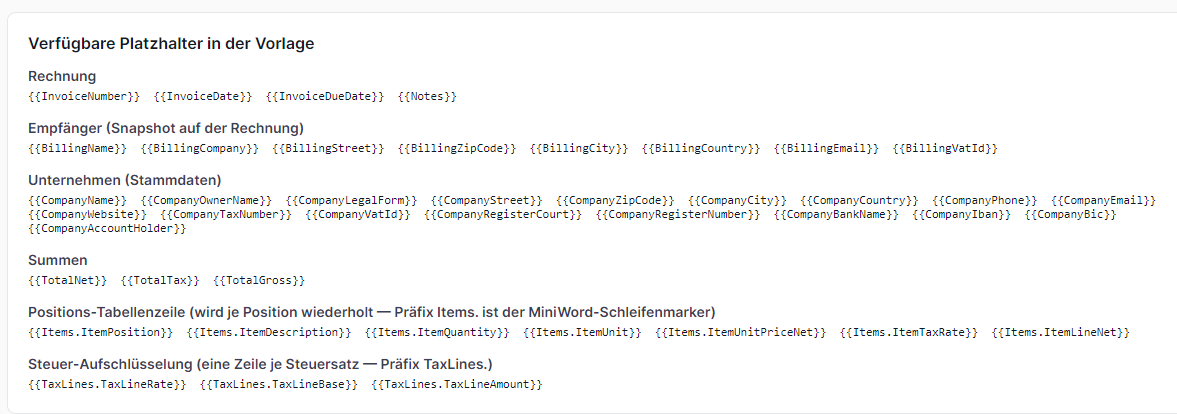 Liste der Platzhalter der Word-Vorlage